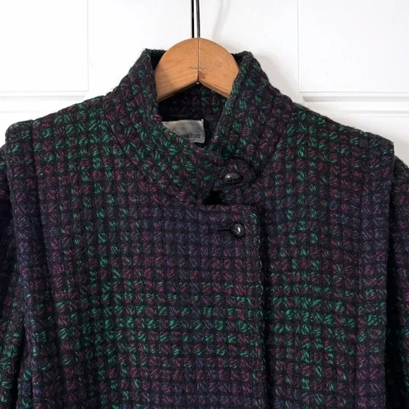 Vintage Tweed Peacoat Womens 10 Purple Green Wool 90s Classic Double Breasted - Picture 8 of 15